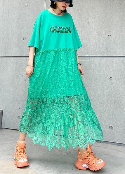 Natural green cotton clothes Women o neck patchwork lace Maxi Dresses - SooLinen