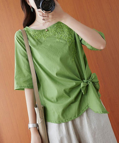 Natural green embroidery clothes o neck Bow tunic - SooLinen