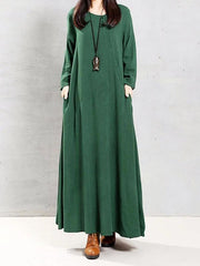 Natural green linen clothes o neck patchwork Robe spring Dress - SooLinen
