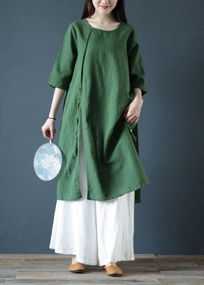 Natural green linen dresses o neck side open cotton Dress - SooLinen