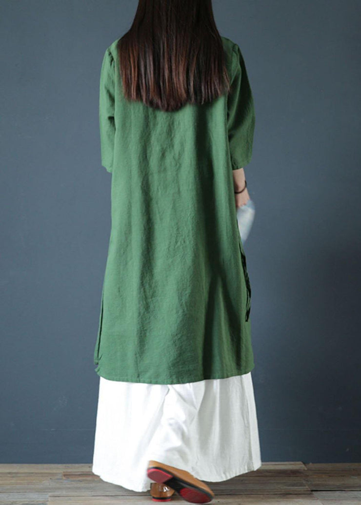 Natural green linen dresses o neck side open cotton Dress - SooLinen