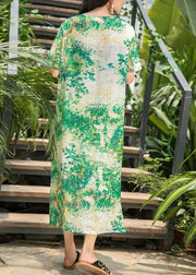 Natural green print linen Wardrobes v neck side open Maxi summer Dresses - SooLinen