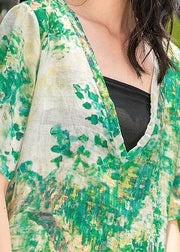 Natural green print linen Wardrobes v neck side open Maxi summer Dresses - SooLinen