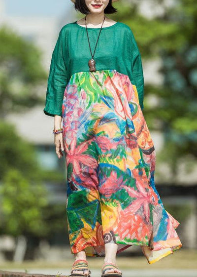 Natural green print linen clothes For Women o neck patchwork Kaftan summer Dress - SooLinen