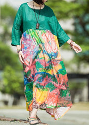 Natural green print linen clothes For Women o neck patchwork Kaftan summer Dress - SooLinen