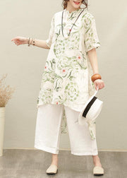 Natural green print linen linen tops women blouses stand collar asymmetric silhouette  tops - SooLinen