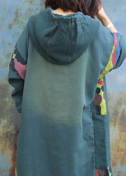 Natural green prints cotton tunics for women patchwork long hooded Dress - SooLinen
