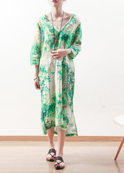 Natural green prints linen clothes Women Outfits v neck Maxi summer Dress