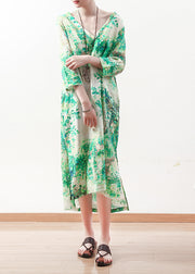 Natürliche grüne Drucke Leinenkleidung Damen Outfits V-Ausschnitt Maxi Sommerkleid