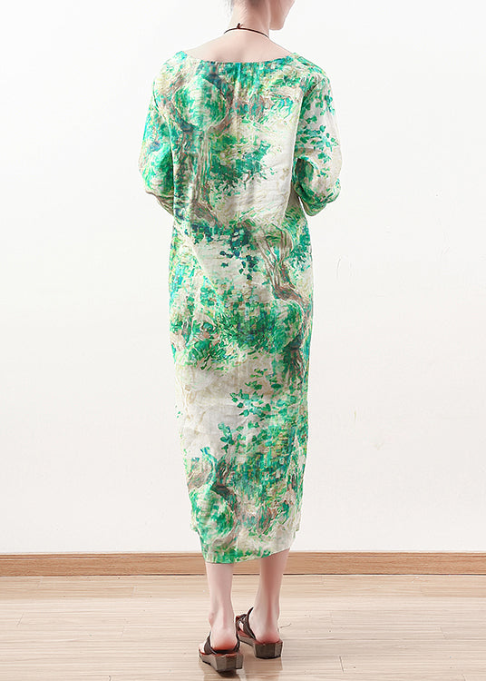 Natural green prints linen clothes Women Outfits v neck Maxi summer Dress