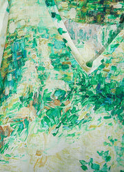 Natürliche grüne Drucke Leinenkleidung Damen Outfits V-Ausschnitt Maxi Sommerkleid