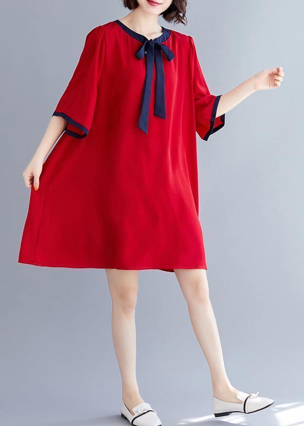 Natural half sleeve chiffon clothes For Women Fashion Neckline red A Line Dresses Summer - SooLinen