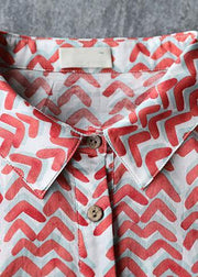 Natural half sleeve lapel Chiffon Long Shirts Work red print Dress summer - SooLinen