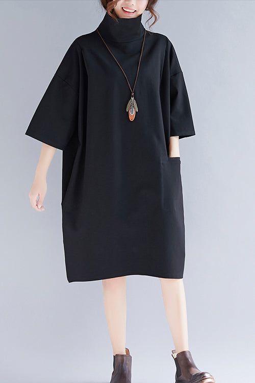 Natural high neck Half sleeve Knit dresses Mom Knit black baggy Dress spring