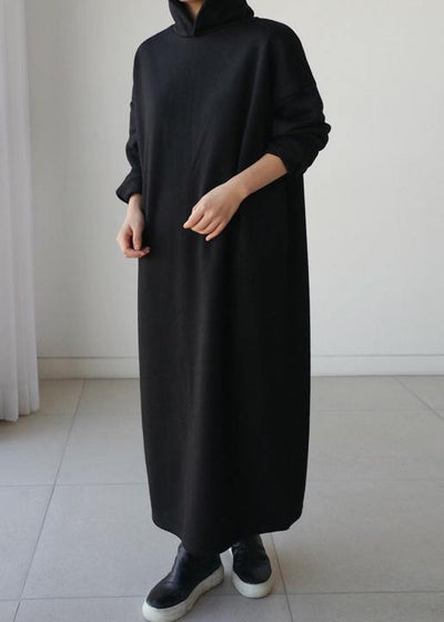 Natural hooded Batwing Sleeve cotton Tunics Runway black long Dresses - SooLinen