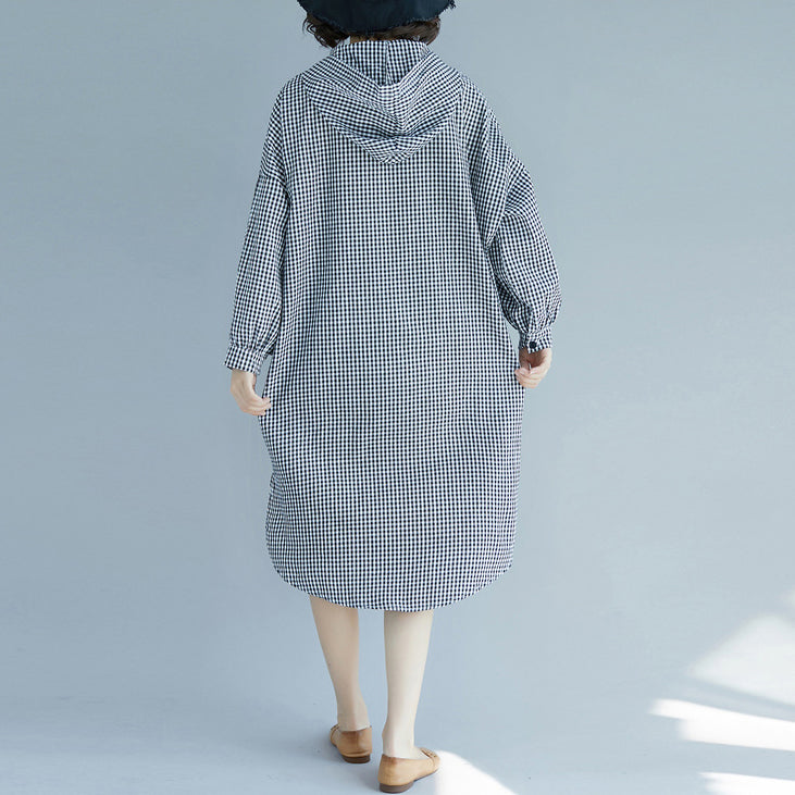 Natürliche Baumwoll-Tuniken mit Kapuze, plus Größendesign, schwarz-weißes kariertes Baggy-Kleid