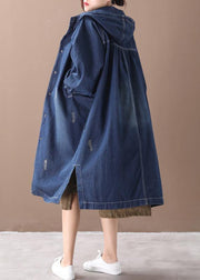 Natural hooded Hole Plus Size outfit denim blue silhouette coats - SooLinen