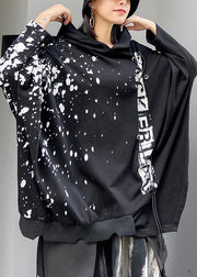 Natural hooded baggy tunic top Shirts black Letter shirt - SooLinen