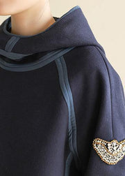 Natural hooded cotton patchwork linen tops women Cotton navy tops - SooLinen