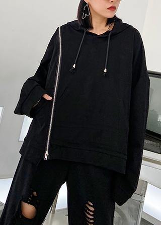Natural hooded drawstring tunics for women Outfits black shirt - SooLinen