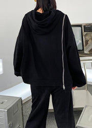 Natural hooded drawstring tunics for women Outfits black shirt - SooLinen