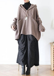 Natural hooded patchwork Blouse Cotton khaki blouse - SooLinen
