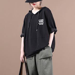 Natural hooded patchwork tops women Inspiration black Letter shirts - SooLinen
