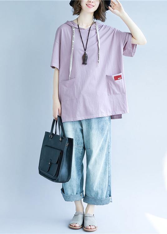 Natural hooded pockets cotton summer blouses for women Tutorials purple blouses - SooLinen
