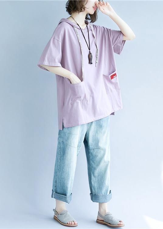 Natural hooded pockets cotton summer blouses for women Tutorials purple blouses - SooLinen