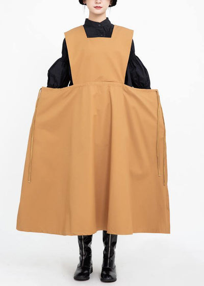 Natural khaki cotton clothes drawstring cotton robes sleeveless Dress - SooLinen