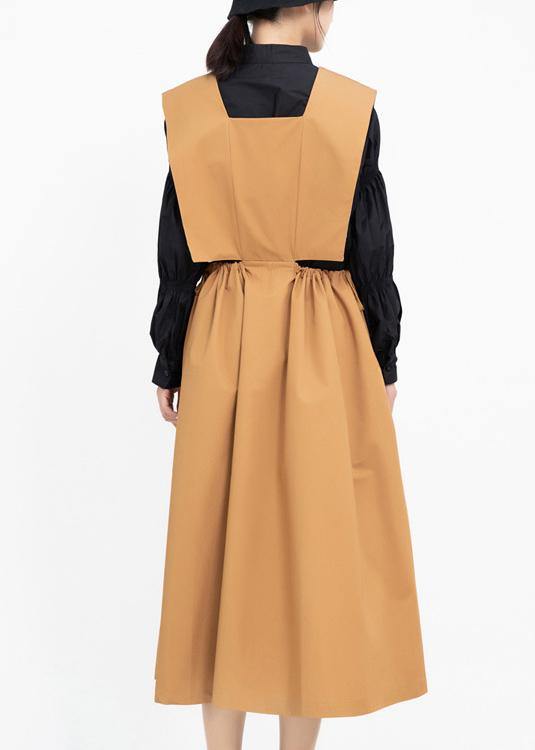 Natural khaki cotton clothes drawstring cotton robes sleeveless Dress - SooLinen