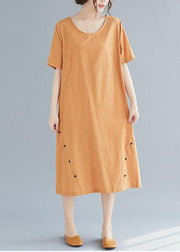 Natural khaki o neck cotton linen dresses Button decorated summer Dress - SooLinen