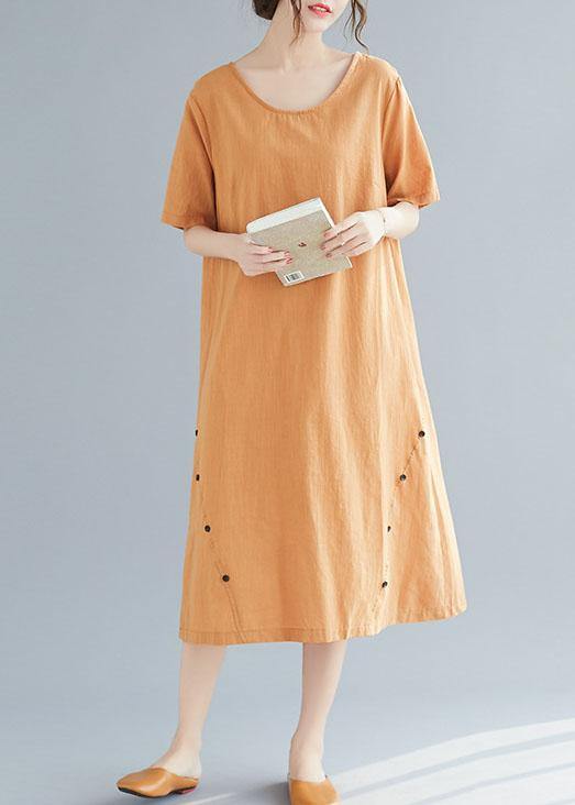 Natural khaki o neck cotton linen dresses Button decorated summer Dress - SooLinen