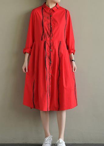 Natural lapel Button Down Cotton tunic Work Outfits red striped Dresses summer - SooLinen