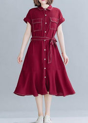 Natural lapel Ruffles linen clothes For Women Work red Dresses - SooLinen