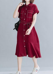 Natural lapel Ruffles linen clothes For Women Work red Dresses - SooLinen