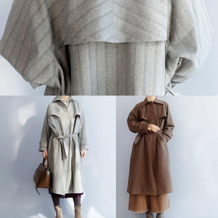 Natural lapel collar Fashion tie waist clothes For Women gray baggy coat - SooLinen