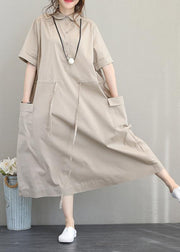 Natural lapel drawstring cotton clothes linen khaki Maxi Dress - SooLinen