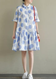 Natural lapel half sleeve Cotton quilting dresses Inspiration blue dotted Dress summer - SooLinen