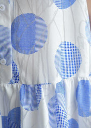 Natural lapel half sleeve Cotton quilting dresses Inspiration blue dotted Dress summer - SooLinen