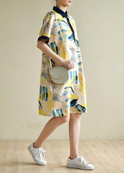 Natural lapel short sleeve Tunics design yellow print Dresses - SooLinen