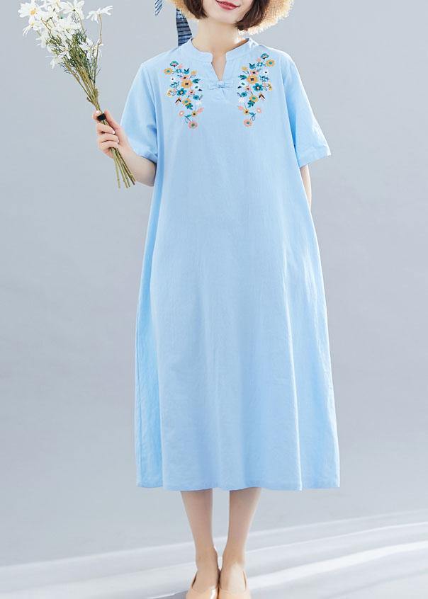 Natural light blue linen cotton clothes embroidery Plus Size Clothing summer Dresses - SooLinen