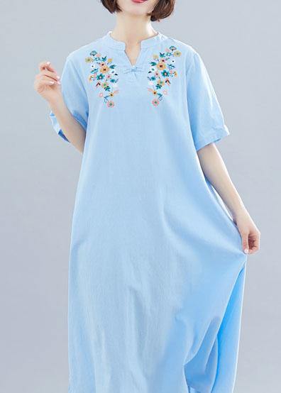Natural light blue linen cotton clothes embroidery Plus Size Clothing summer Dresses - SooLinen