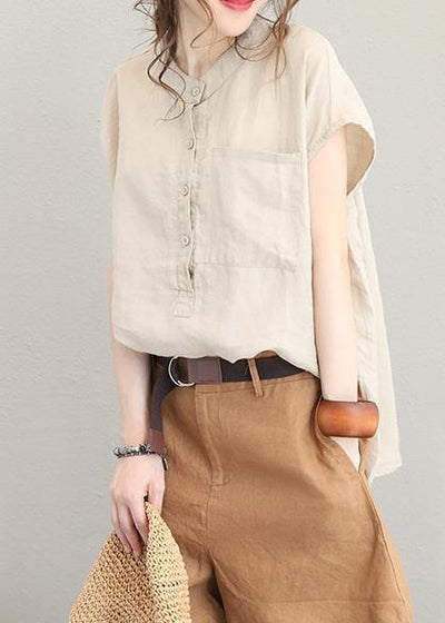Natural low high design linen tunic top Shirts khaki o neck top summer - SooLinen