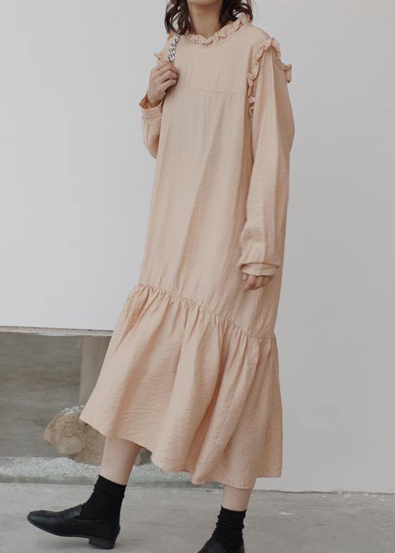 Natural nude cotton clothes ruffles Art stand collar Dress - SooLinen