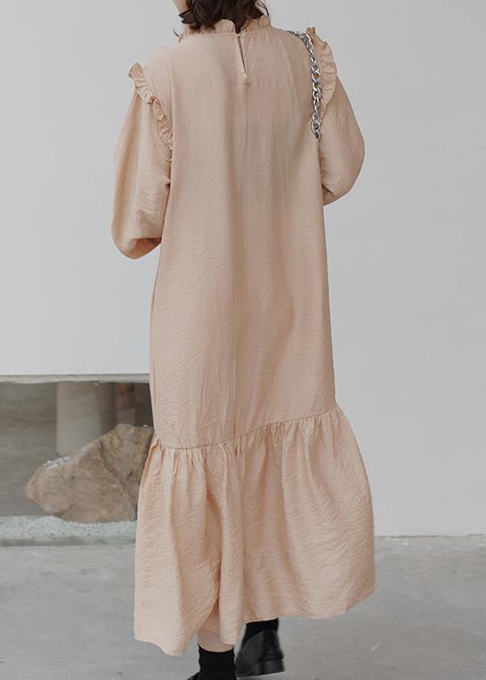 Natural nude cotton clothes ruffles Art stand collar Dress - SooLinen