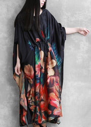 Natural o neck Batwing Sleeve summer dresses black print Dresses - SooLinen