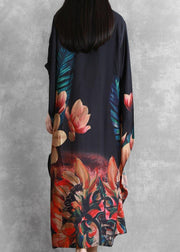 Natural o neck Batwing Sleeve summer dresses black print Dresses - SooLinen