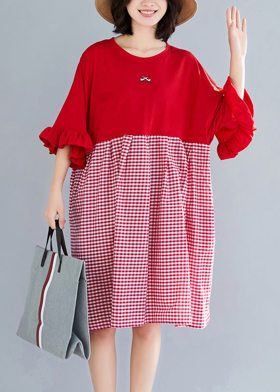 Natural o neck Butterfly Sleeve Cotton clothes Omychic Outfits red Plaid short Dresses Summer