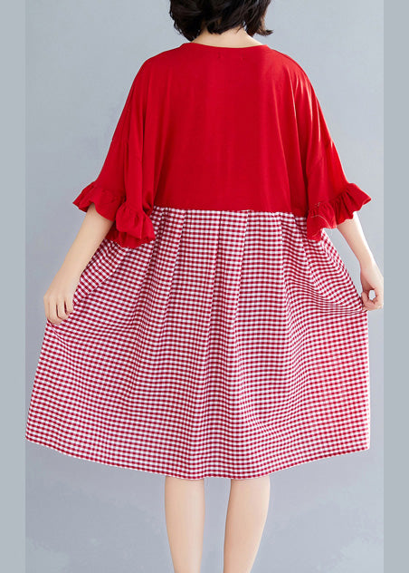 Natural o neck Butterfly Sleeve Cotton clothes Omychic Outfits red Plaid short Dresses Summer